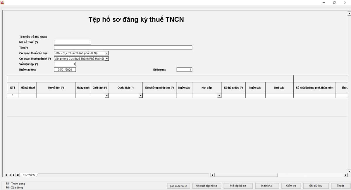 Giao diện Tệp hồ sơ đăng ký thuế TNCN Giao diện Tệp hồ sơ đăng ký thuế TNCN