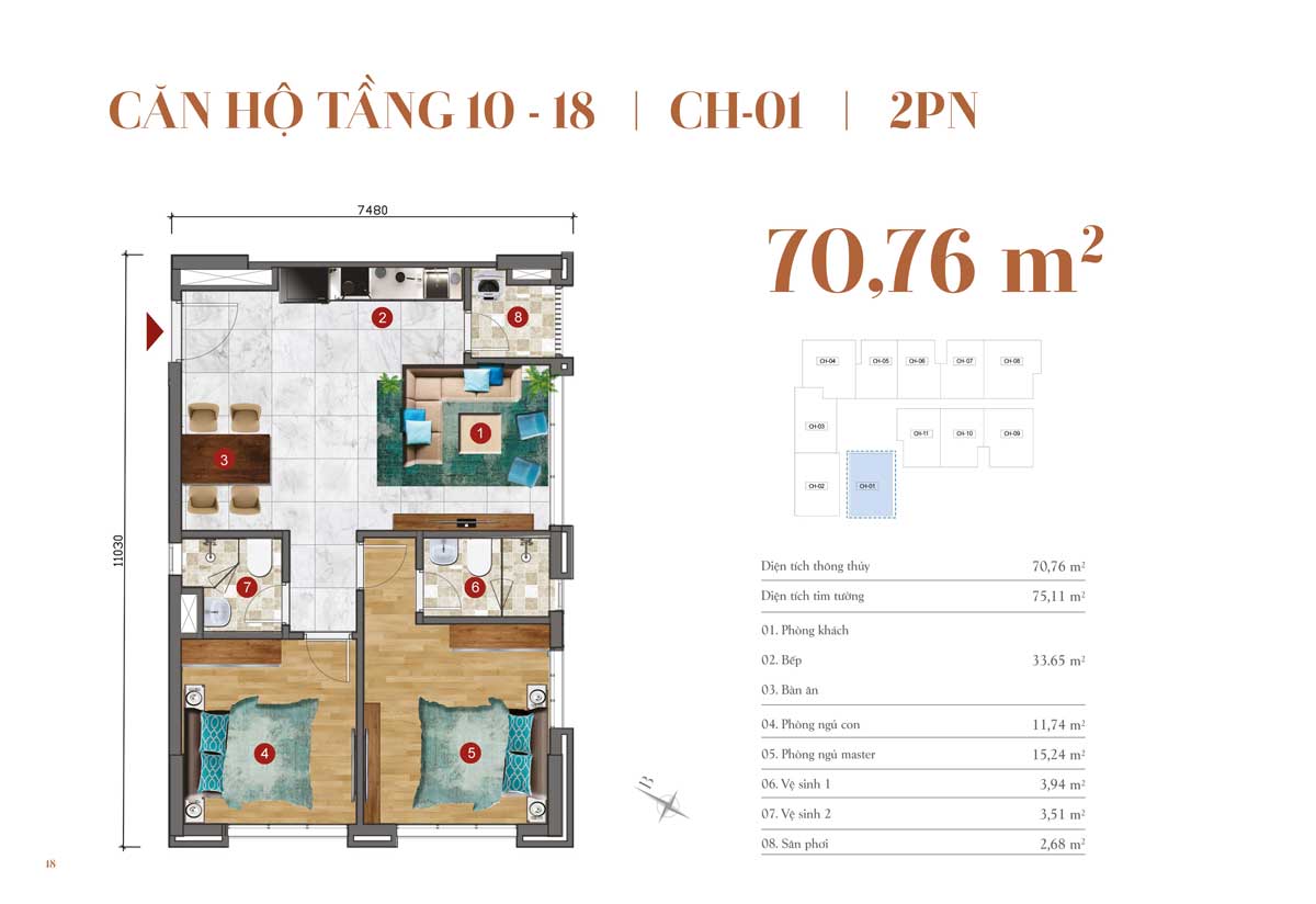 Thiết kế căn hộ 70,76m2 &ndash; 2 PN