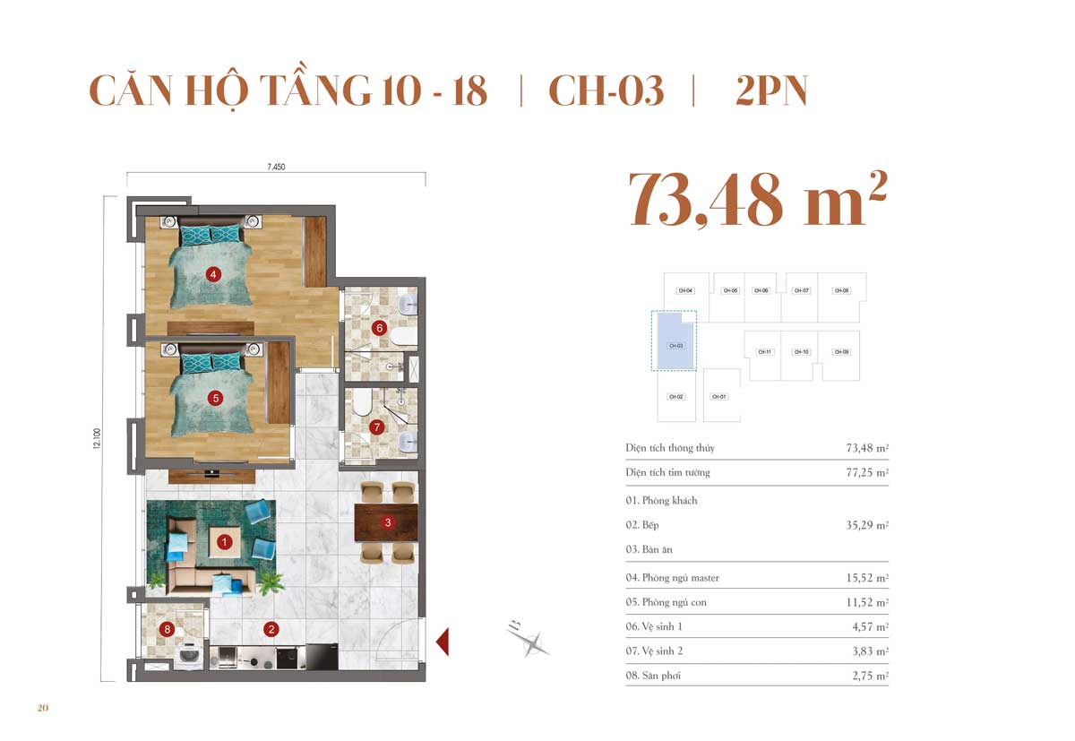 Thiết kế căn hộ 73,48m2 &ndash; 2 PN