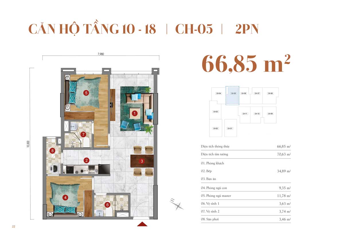 Thiết kế căn hộ 66,85m2 &ndash; 2 PN