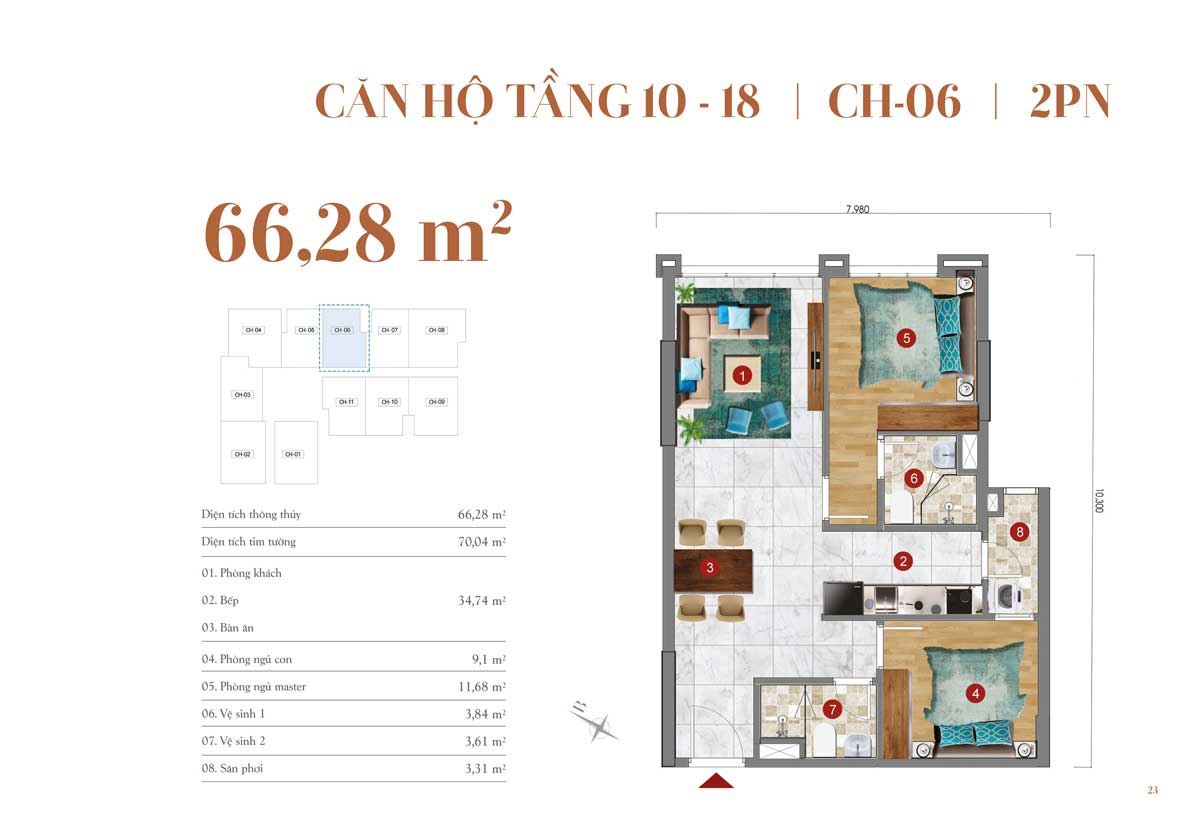 Thiết kế căn hộ 66,28m2 &ndash; 2 PN