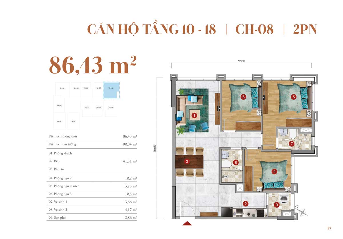 Thiết kế căn hộ 86,43m2 &ndash; 2 PN