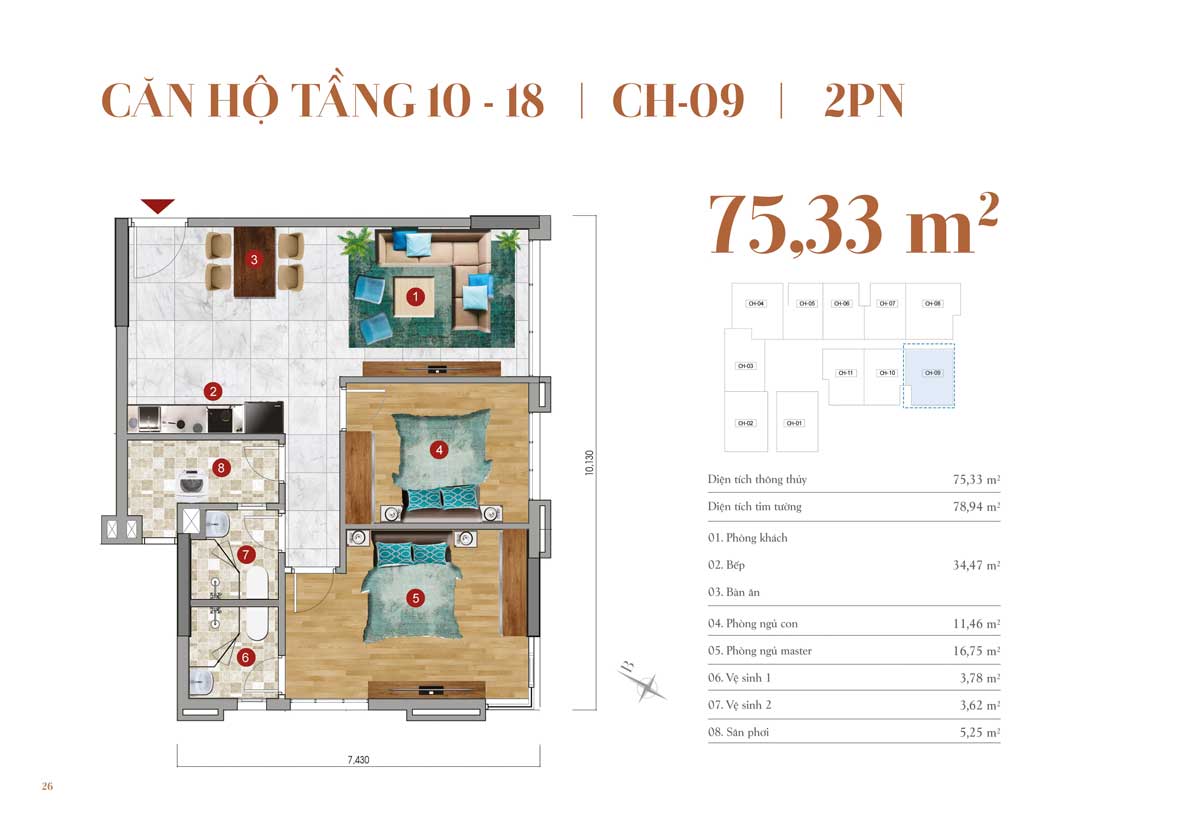 Thiết kế căn hộ 75,33m2 &ndash; 2 PN