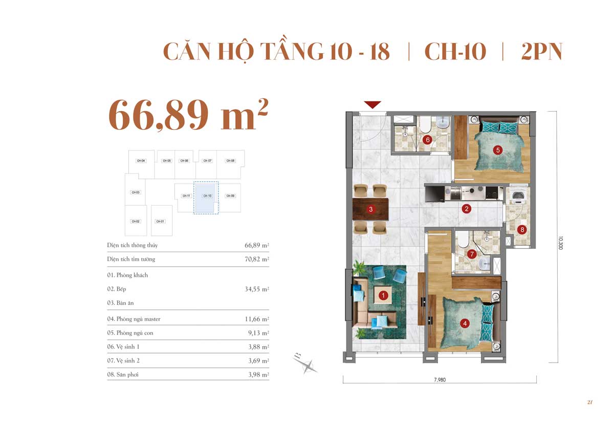 Thiết kế căn hộ 66,89m2 &ndash; 2 PN