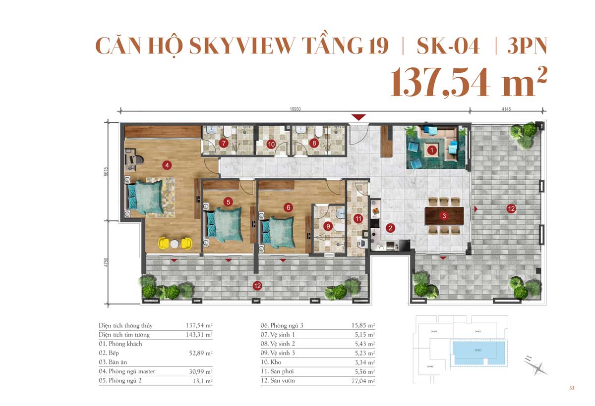Thiết kế căn hộ 137,54m2 &ndash; 3 PN