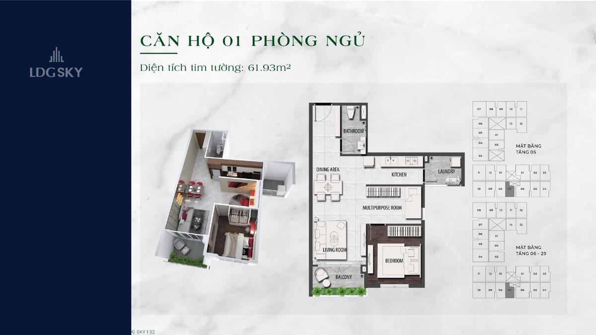 Căn 1 ph&ograve;ng ngủ LDG Sky diện t&iacute;ch 61,93 m2