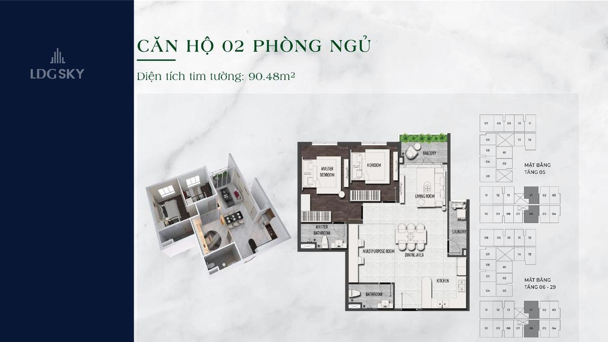 Thiết kế căn 2 ph&ograve;ng ngủ ldg sky b&igrave;nh dương 90,48m2