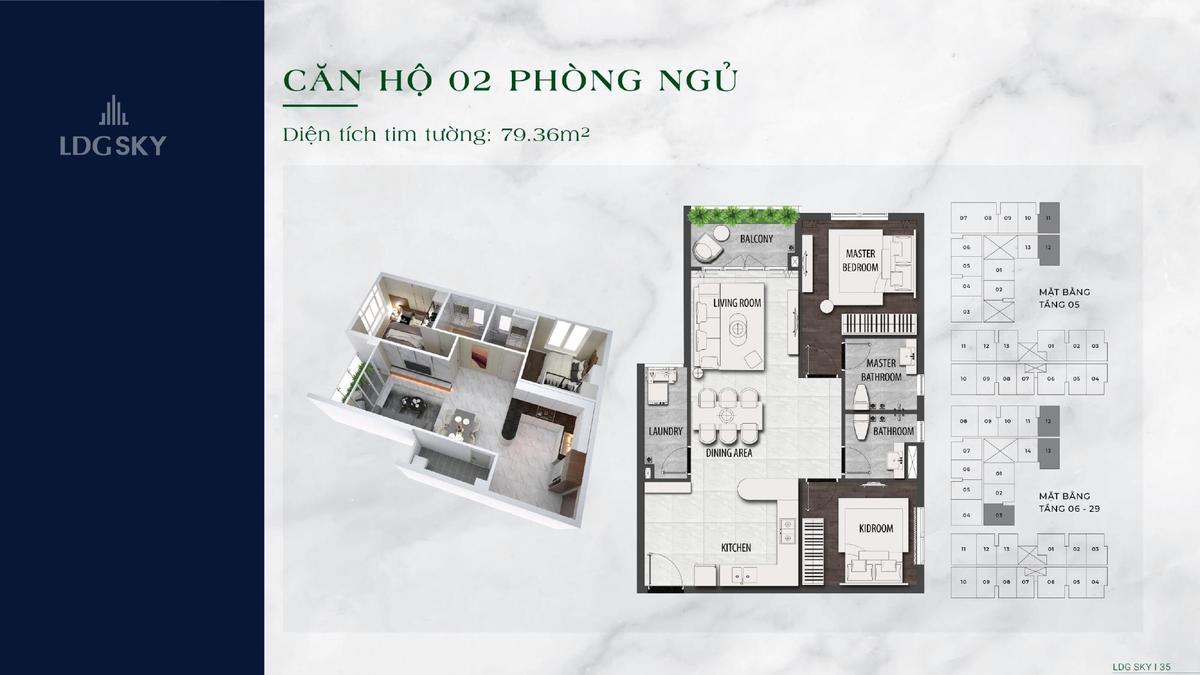 Thiết kế căn 2 ph&ograve;ng ngủ 79,36 ldg sky