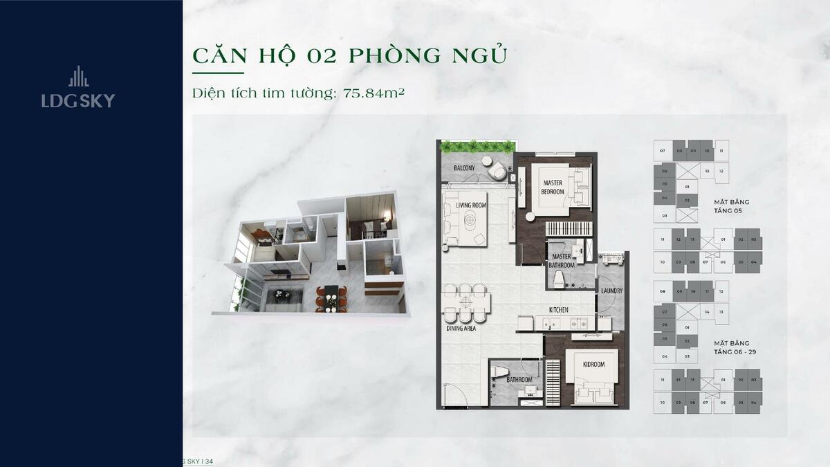 Thiết kế căn 2 ph&ograve;ng ngủ 75,84m2