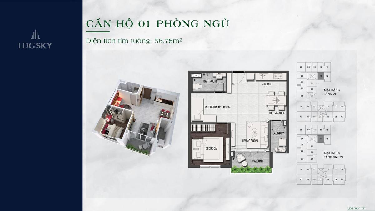 Thiết kế căn 1 ph&ograve;ng ngủ LDG Sky diện t&iacute;ch 56,78m2