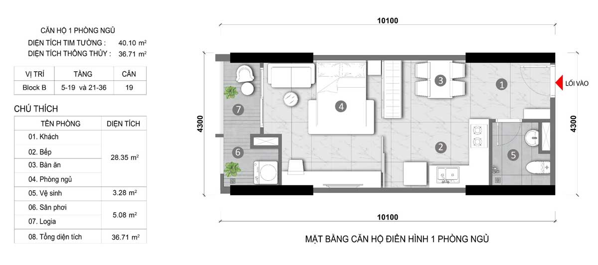 Thiết kế Căn 1 Ph&ograve;ng ngủ 40m2 Opal Skyline