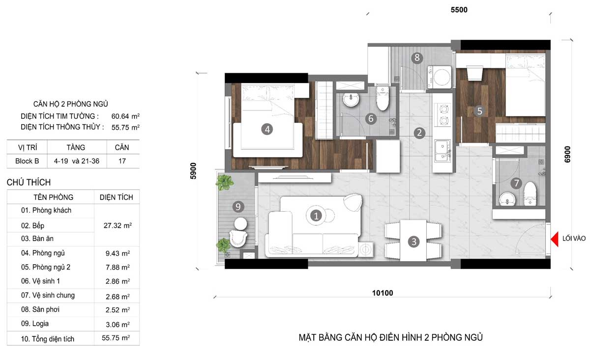 Thiết kế Căn 2 Ph&ograve;ng ngủ 60m2 Opal Skyline
