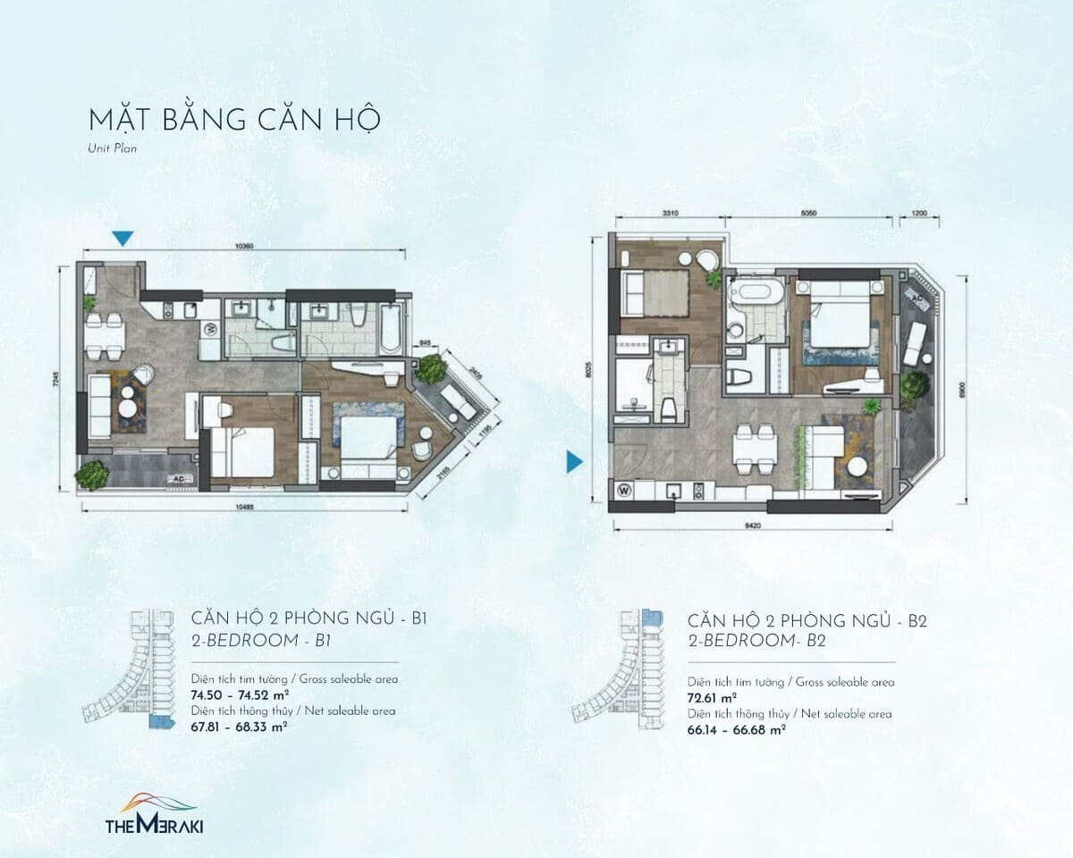 Căn hộ The Meraki 2 ph&ograve;ng ngủ B1 v&agrave; B2