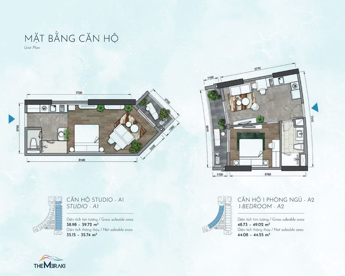 Căn hộ The Meraki Studio A1 v&agrave; 1 ph&ograve;ng ngủ A2