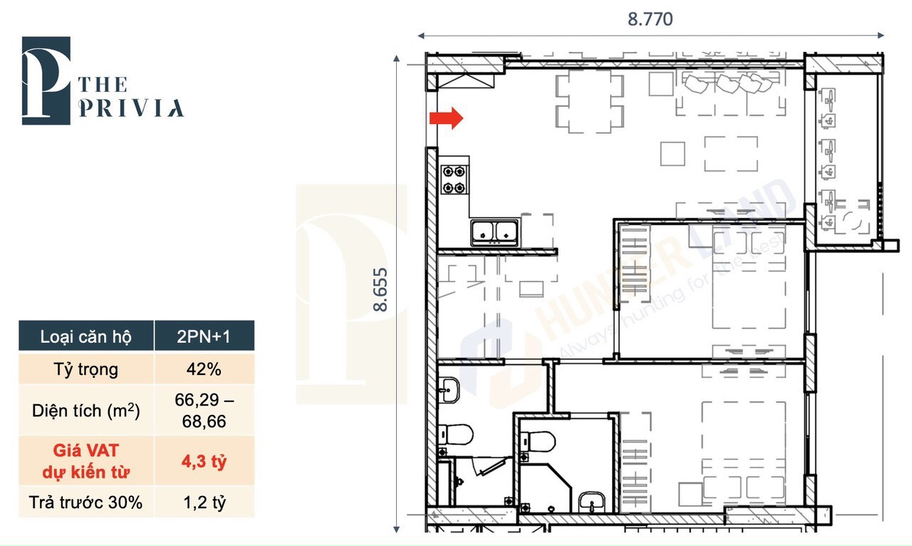thiet ke can ho the privia 2pn 1wc 68m2 - The Privia